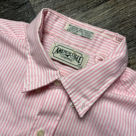 Vintage American Eagle Shirt Size Medium Button Down Collared Pink White 90's - Picture 2 of 5
